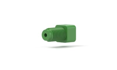 Upchurch Scientific Flanged Fitting for 1/16 inch OD Tubing, 1/4-28 Flat-Bottom, 5/16 inch Square, Delrin/Stainless Steel, Green - P-405 - Click Image to Close